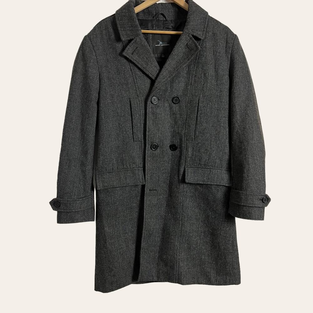 Marc Anthony Charcoal Plaid Wool Blend Double Breasted Long Coat Size Small